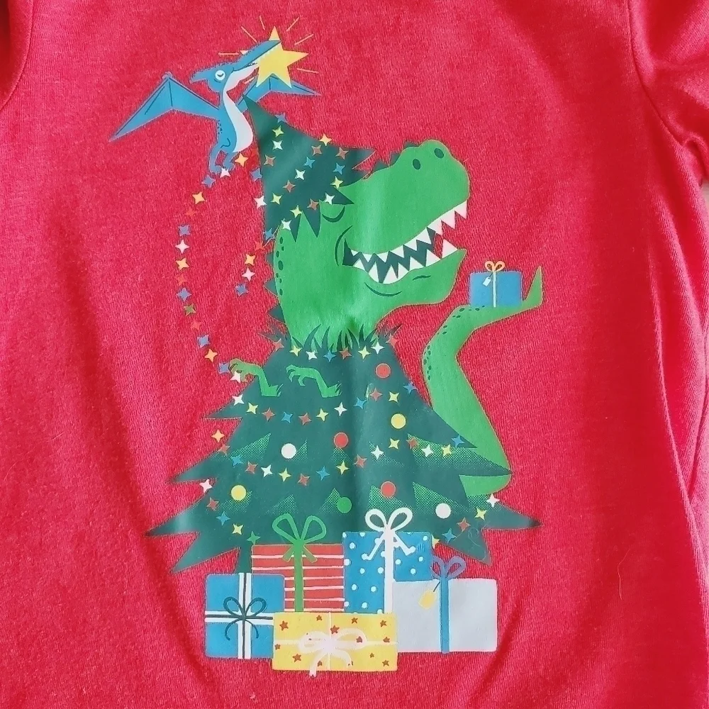 K1088 * Cat & Jack Dinosaur Christmas Tree Long Sleeve Tee Red Size 2T